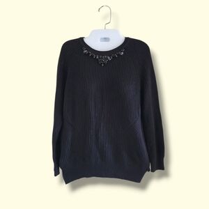 LOFT | Elegant Black Embellished Ribbed Long Sleeve Silk Blend Knit Sweater
